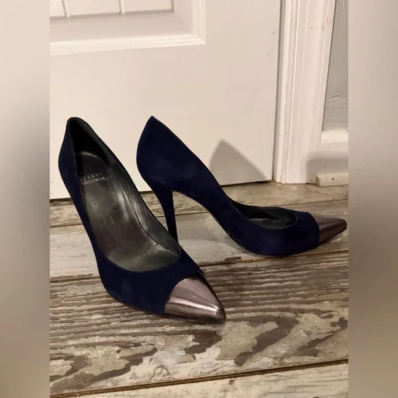 Stuart Weitzman suede pointed-toe heels, navy blue, size 7 - Picture 7 of 9